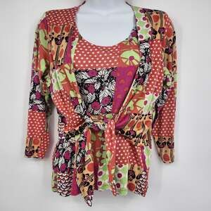 Dolcetti Women's Medium Silk Cotton Cardigan Multicolor Patchwork Tie Front